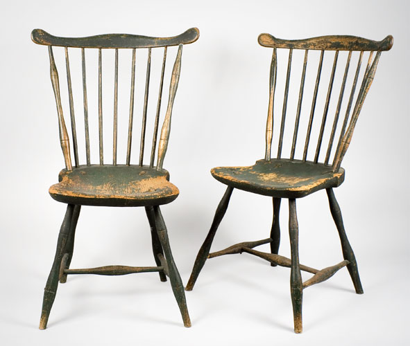 Matched Pair, Fan-Back Windsor Side Chairs, Massachusetts Likely Original Green Paint, pair view